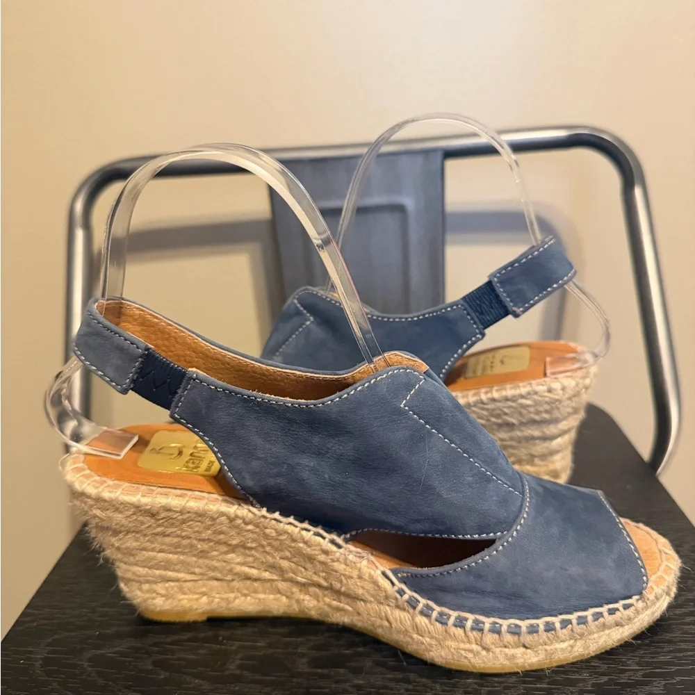 Kanna Spain Blue Leather Espadrille Wedge Sandals EU 37 US 6.5 Peep Toe